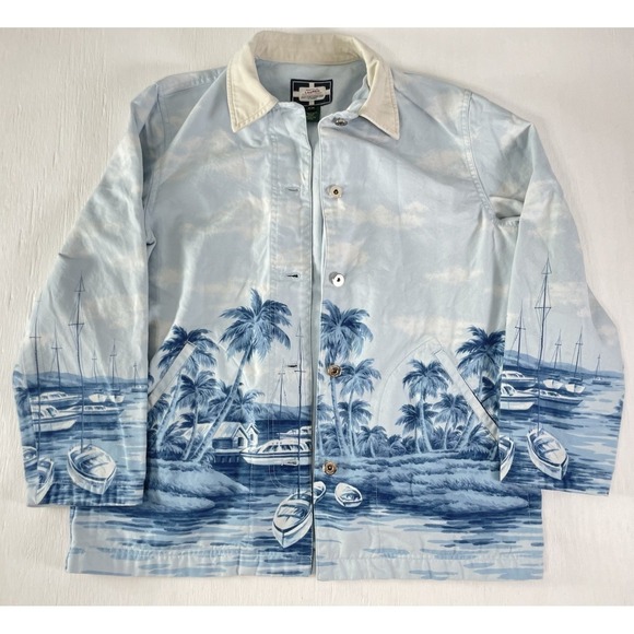 VTG Women Ralph Lauren Naval Supply Beach Print Barn Coat Tropical Blue Size PM